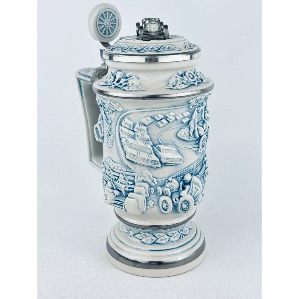 Vintage Ceramic Beer Stein Lidded Mug - Retro Race Car Automotive Relief Motif